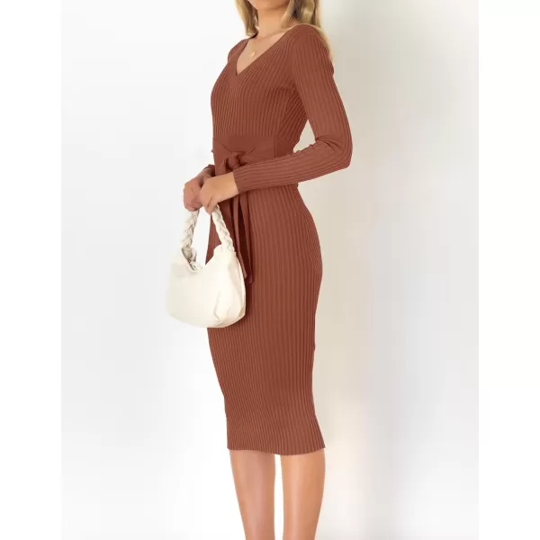 ZESICA Womens 2024 Fall Sweater Dress V Neck Long Sleeve Ribbed Knit Tie Waist Slim Fit Bodycon Midi DressesRedbrown