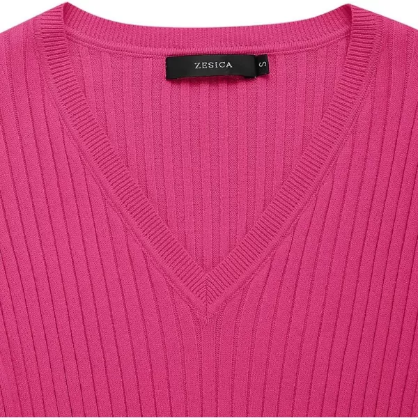 ZESICA Womens 2024 Fall Sweater Dress V Neck Long Sleeve Ribbed Knit Tie Waist Slim Fit Bodycon Midi DressesRose
