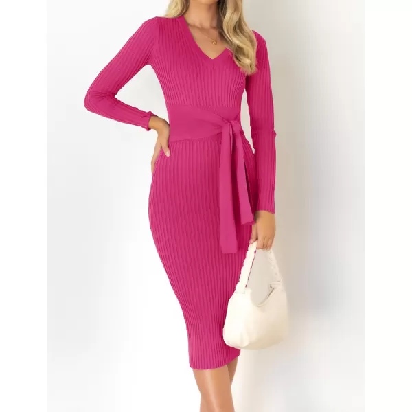 ZESICA Womens 2024 Fall Sweater Dress V Neck Long Sleeve Ribbed Knit Tie Waist Slim Fit Bodycon Midi DressesRose