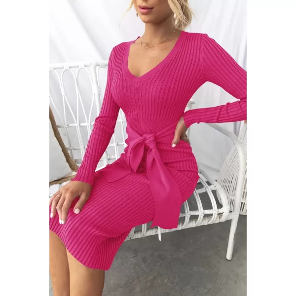 ZESICA Womens 2024 Fall Sweater Dress V Neck Long Sleeve Ribbed Knit Tie Waist Slim Fit Bodycon Midi DressesRose