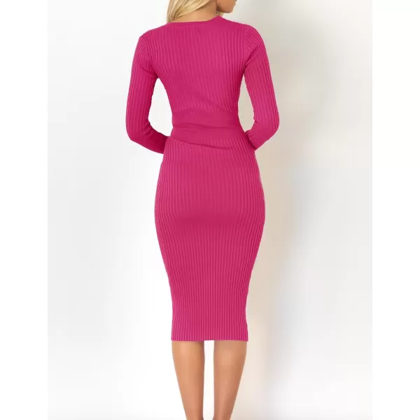 ZESICA Womens 2024 Fall Sweater Dress V Neck Long Sleeve Ribbed Knit Tie Waist Slim Fit Bodycon Midi DressesRose