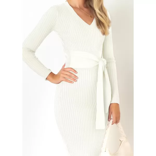 ZESICA Womens 2024 Fall Sweater Dress V Neck Long Sleeve Ribbed Knit Tie Waist Slim Fit Bodycon Midi DressesWhite