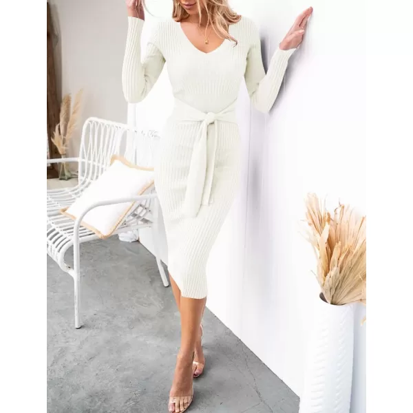 ZESICA Womens 2024 Fall Sweater Dress V Neck Long Sleeve Ribbed Knit Tie Waist Slim Fit Bodycon Midi DressesWhite
