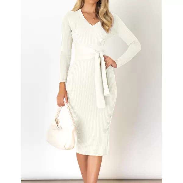 ZESICA Womens 2024 Fall Sweater Dress V Neck Long Sleeve Ribbed Knit Tie Waist Slim Fit Bodycon Midi DressesWhite