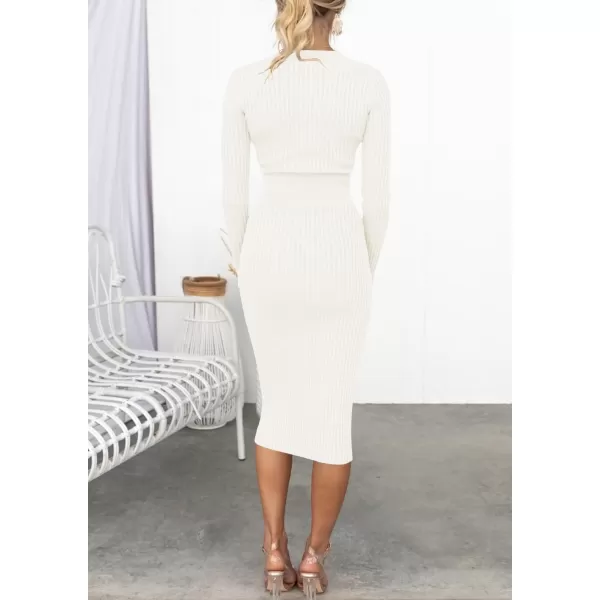ZESICA Womens 2024 Fall Sweater Dress V Neck Long Sleeve Ribbed Knit Tie Waist Slim Fit Bodycon Midi DressesWhite