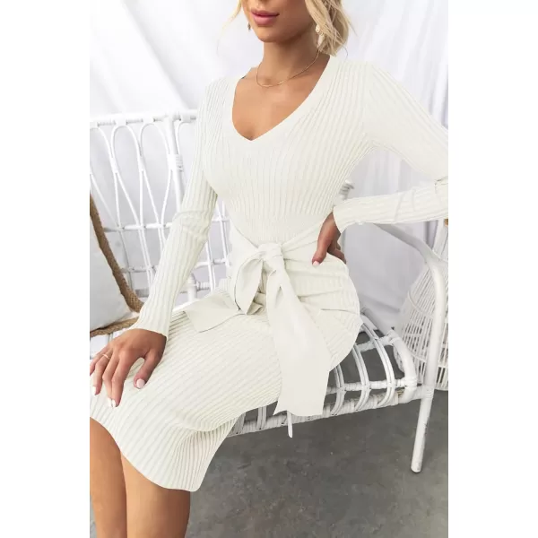 ZESICA Womens 2024 Fall Sweater Dress V Neck Long Sleeve Ribbed Knit Tie Waist Slim Fit Bodycon Midi DressesWhite