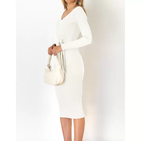 ZESICA Womens 2024 Fall Sweater Dress V Neck Long Sleeve Ribbed Knit Tie Waist Slim Fit Bodycon Midi DressesWhite