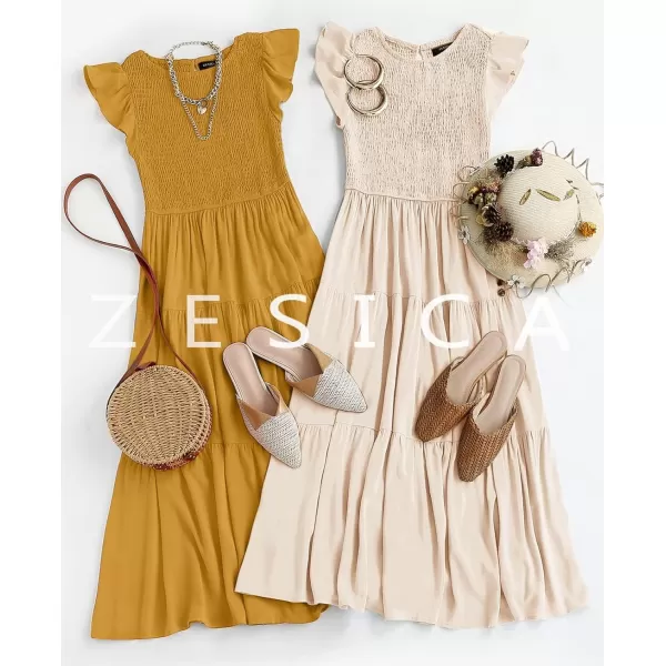 ZESICA Womens 2024 Summer Casual Flutter Short Sleeve Crew Neck Smocked Elastic Waist Tiered Midi DressApricot