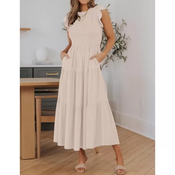 ZESICA Womens 2024 Summer Casual Flutter Short Sleeve Crew Neck Smocked Elastic Waist Tiered Midi DressApricot