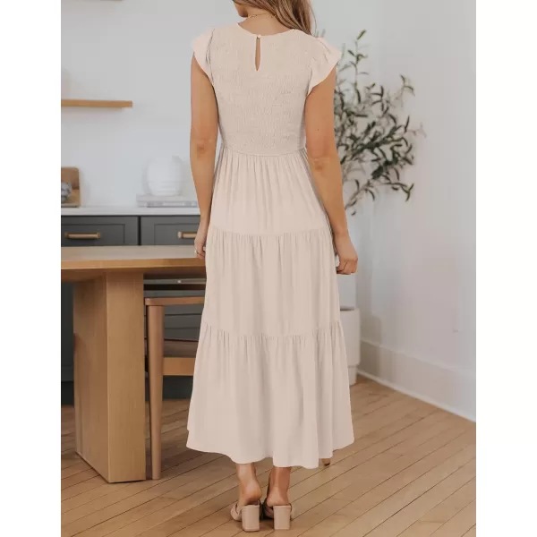 ZESICA Womens 2024 Summer Casual Flutter Short Sleeve Crew Neck Smocked Elastic Waist Tiered Midi DressApricot
