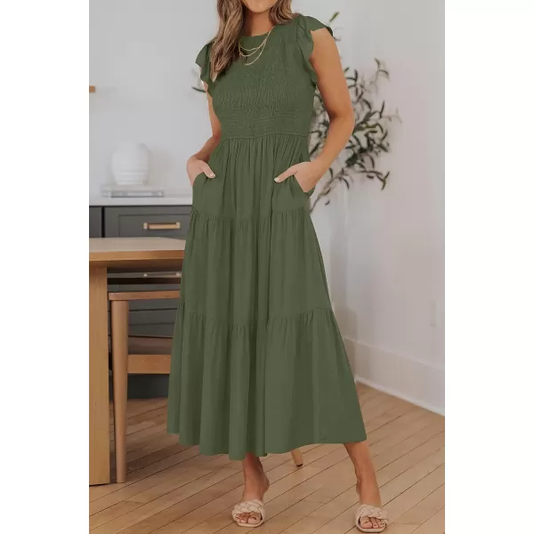 ZESICA Womens 2024 Summer Casual Flutter Short Sleeve Crew Neck Smocked Elastic Waist Tiered Midi DressArmy Green