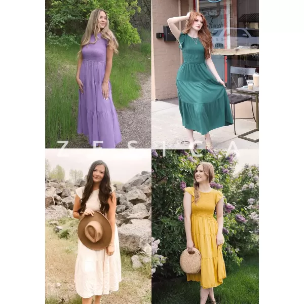 ZESICA Womens 2024 Summer Casual Flutter Short Sleeve Crew Neck Smocked Elastic Waist Tiered Midi DressArmy Green
