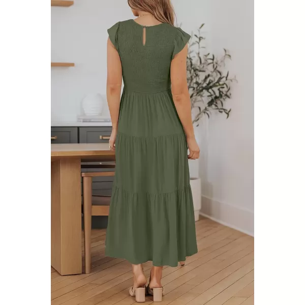 ZESICA Womens 2024 Summer Casual Flutter Short Sleeve Crew Neck Smocked Elastic Waist Tiered Midi DressArmy Green