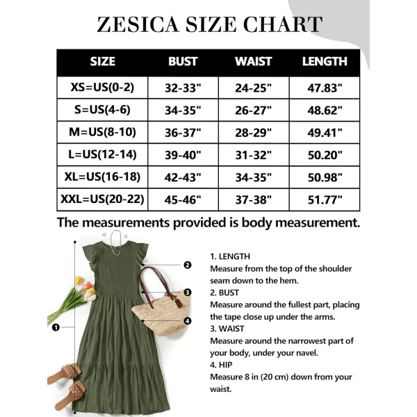 ZESICA Womens 2024 Summer Casual Flutter Short Sleeve Crew Neck Smocked Elastic Waist Tiered Midi DressArmy Green