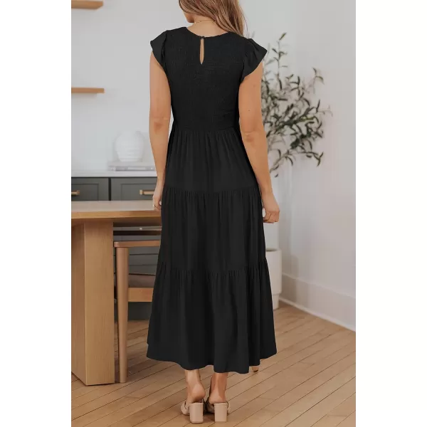 ZESICA Womens 2024 Summer Casual Flutter Short Sleeve Crew Neck Smocked Elastic Waist Tiered Midi DressBlack