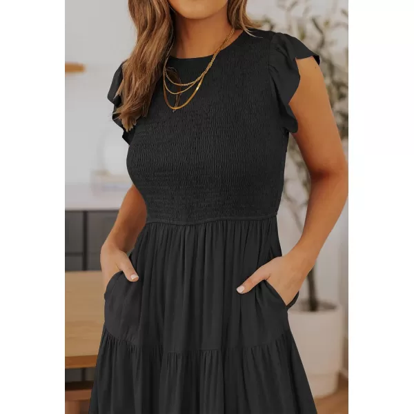 ZESICA Womens 2024 Summer Casual Flutter Short Sleeve Crew Neck Smocked Elastic Waist Tiered Midi DressBlack