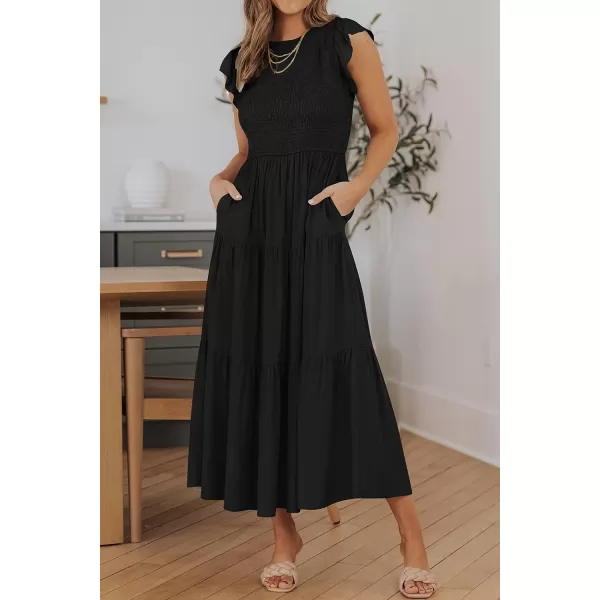 ZESICA Womens 2024 Summer Casual Flutter Short Sleeve Crew Neck Smocked Elastic Waist Tiered Midi DressBlack