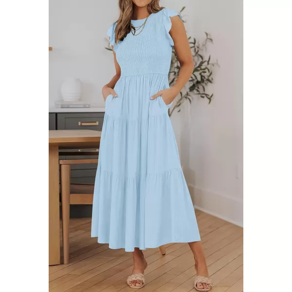 ZESICA Womens 2024 Summer Casual Flutter Short Sleeve Crew Neck Smocked Elastic Waist Tiered Midi DressBlue