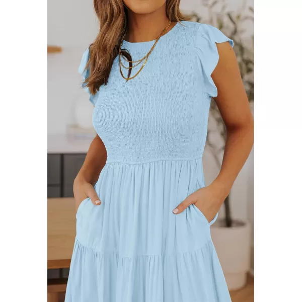 ZESICA Womens 2024 Summer Casual Flutter Short Sleeve Crew Neck Smocked Elastic Waist Tiered Midi DressBlue