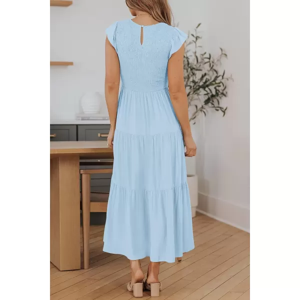 ZESICA Womens 2024 Summer Casual Flutter Short Sleeve Crew Neck Smocked Elastic Waist Tiered Midi DressBlue