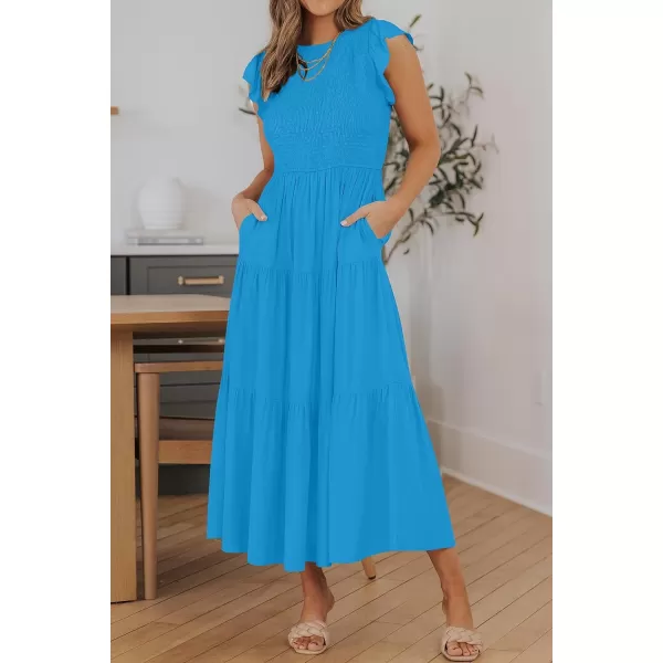 ZESICA Womens 2024 Summer Casual Flutter Short Sleeve Crew Neck Smocked Elastic Waist Tiered Midi DressCobalt Blue