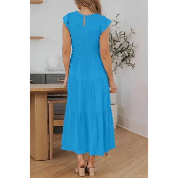 ZESICA Womens 2024 Summer Casual Flutter Short Sleeve Crew Neck Smocked Elastic Waist Tiered Midi DressCobalt Blue