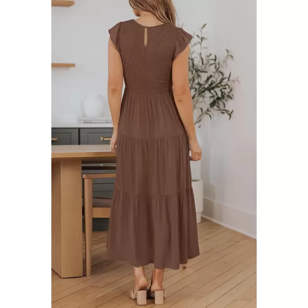 ZESICA Womens 2024 Summer Casual Flutter Short Sleeve Crew Neck Smocked Elastic Waist Tiered Midi DressCoffee
