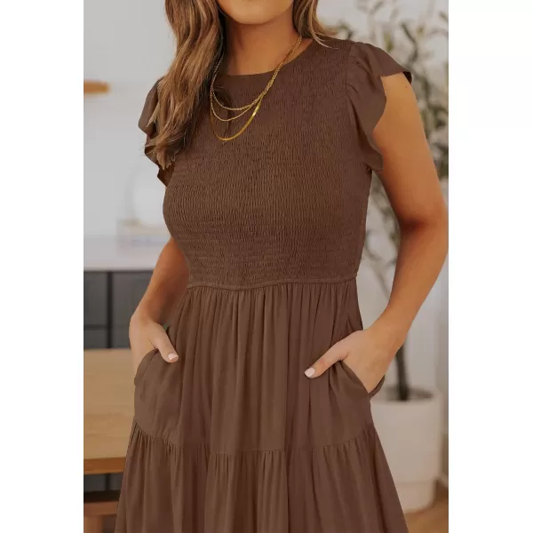 ZESICA Womens 2024 Summer Casual Flutter Short Sleeve Crew Neck Smocked Elastic Waist Tiered Midi DressCoffee