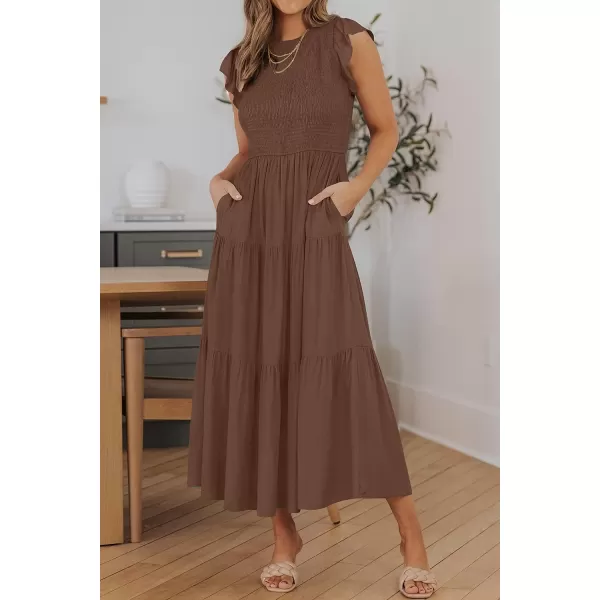 ZESICA Womens 2024 Summer Casual Flutter Short Sleeve Crew Neck Smocked Elastic Waist Tiered Midi DressCoffee