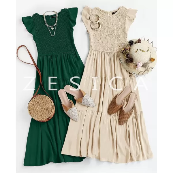 ZESICA Womens 2024 Summer Casual Flutter Short Sleeve Crew Neck Smocked Elastic Waist Tiered Midi DressDark Green