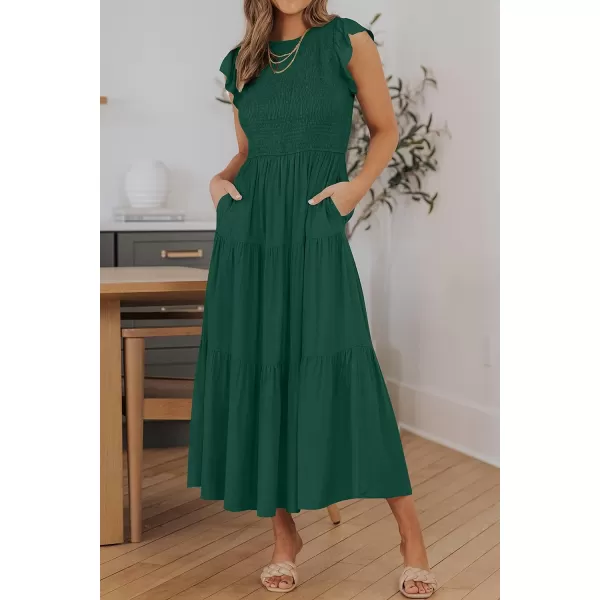 ZESICA Womens 2024 Summer Casual Flutter Short Sleeve Crew Neck Smocked Elastic Waist Tiered Midi DressDark Green