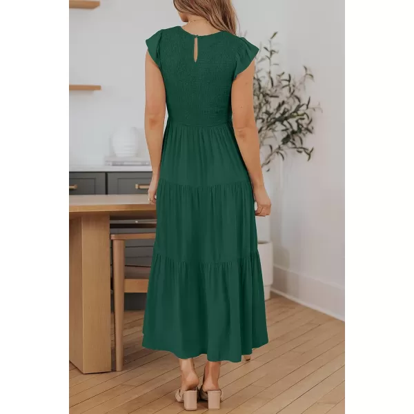 ZESICA Womens 2024 Summer Casual Flutter Short Sleeve Crew Neck Smocked Elastic Waist Tiered Midi DressDark Green