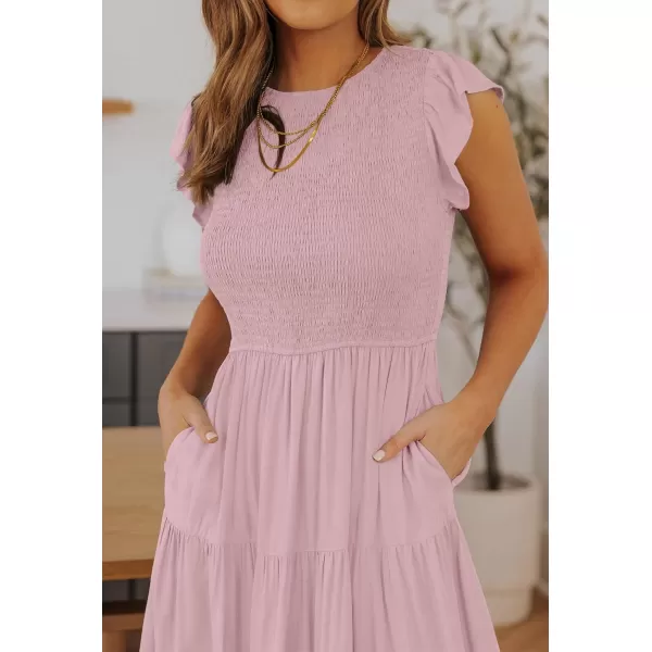 ZESICA Womens 2024 Summer Casual Flutter Short Sleeve Crew Neck Smocked Elastic Waist Tiered Midi DressDark Pink