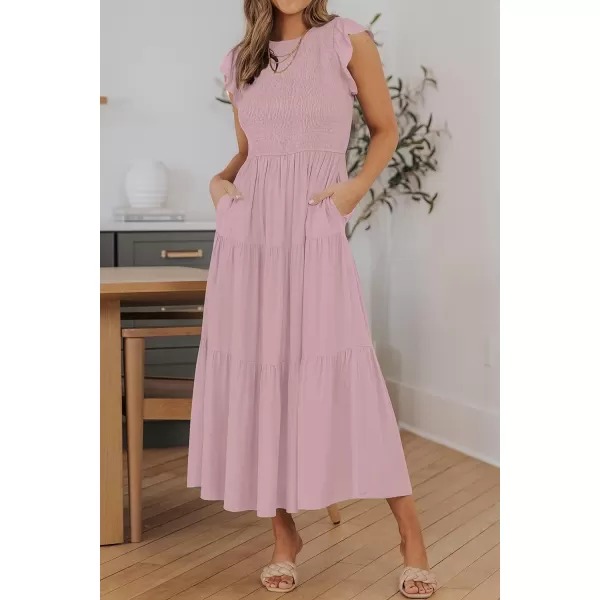 ZESICA Womens 2024 Summer Casual Flutter Short Sleeve Crew Neck Smocked Elastic Waist Tiered Midi DressDark Pink