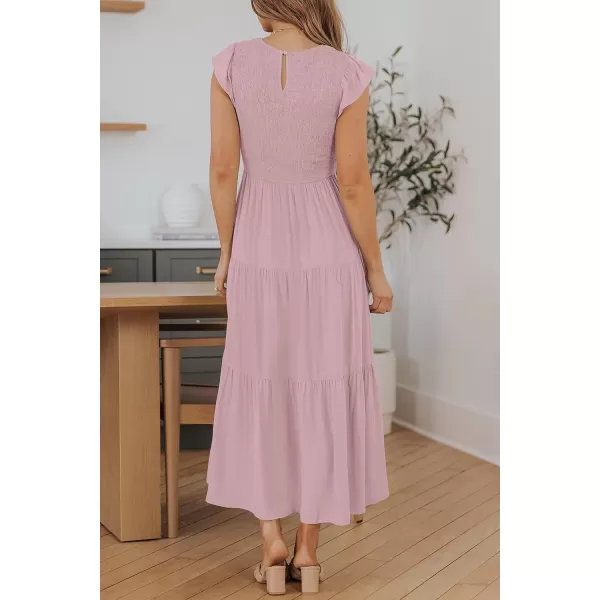 ZESICA Womens 2024 Summer Casual Flutter Short Sleeve Crew Neck Smocked Elastic Waist Tiered Midi DressDark Pink