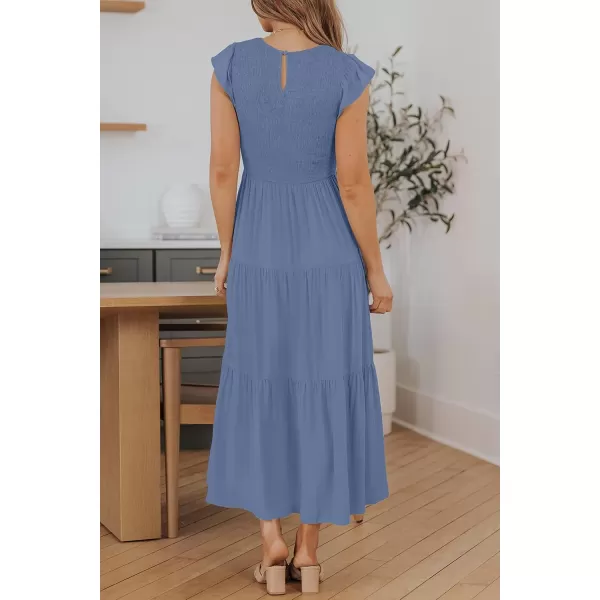 ZESICA Womens 2024 Summer Casual Flutter Short Sleeve Crew Neck Smocked Elastic Waist Tiered Midi DressDusty Blue