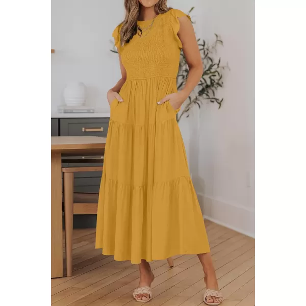 ZESICA Womens 2024 Summer Casual Flutter Short Sleeve Crew Neck Smocked Elastic Waist Tiered Midi DressGinger