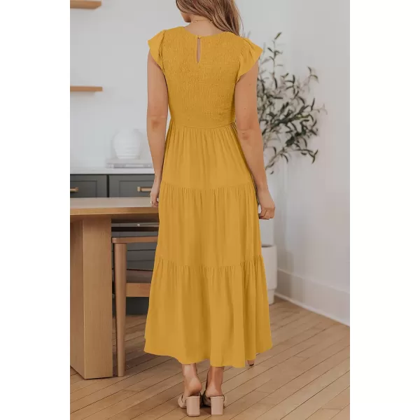 ZESICA Womens 2024 Summer Casual Flutter Short Sleeve Crew Neck Smocked Elastic Waist Tiered Midi DressGinger
