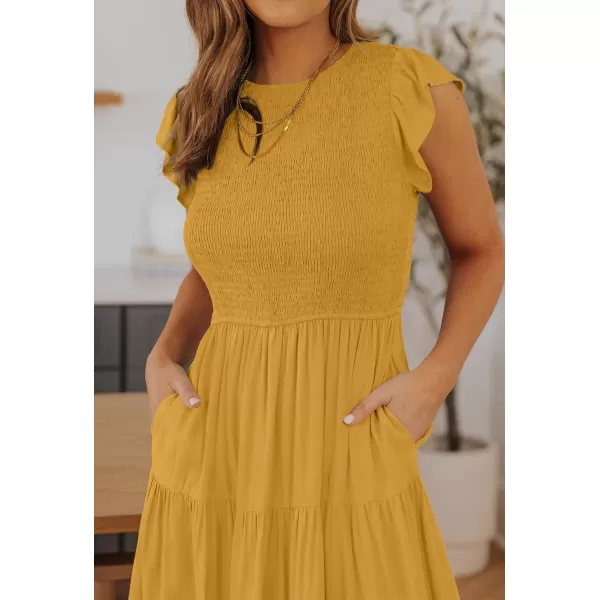 ZESICA Womens 2024 Summer Casual Flutter Short Sleeve Crew Neck Smocked Elastic Waist Tiered Midi DressGinger