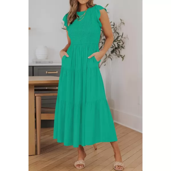 ZESICA Womens 2024 Summer Casual Flutter Short Sleeve Crew Neck Smocked Elastic Waist Tiered Midi DressGreen