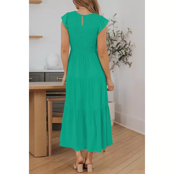 ZESICA Womens 2024 Summer Casual Flutter Short Sleeve Crew Neck Smocked Elastic Waist Tiered Midi DressGreen