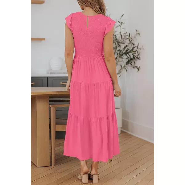 ZESICA Womens 2024 Summer Casual Flutter Short Sleeve Crew Neck Smocked Elastic Waist Tiered Midi DressHot Pink