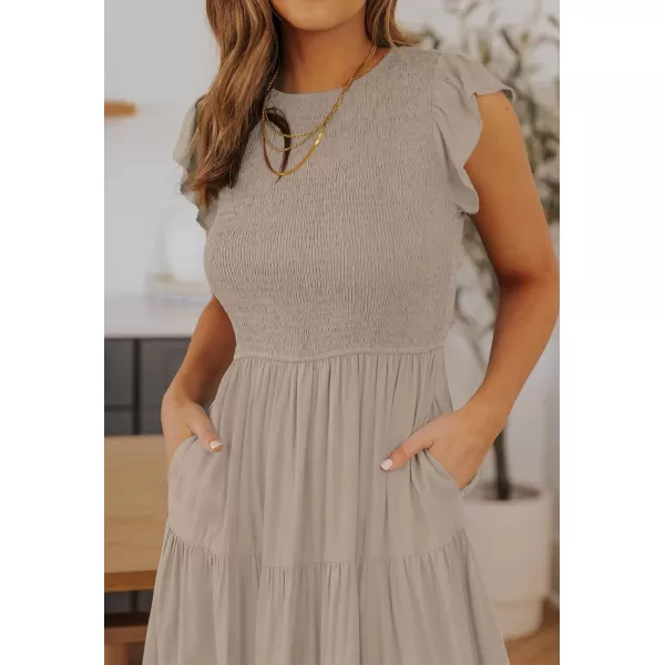 ZESICA Womens 2024 Summer Casual Flutter Short Sleeve Crew Neck Smocked Elastic Waist Tiered Midi DressLight Khaki