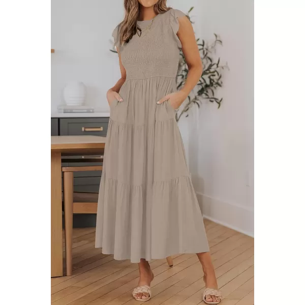 ZESICA Womens 2024 Summer Casual Flutter Short Sleeve Crew Neck Smocked Elastic Waist Tiered Midi DressLight Khaki