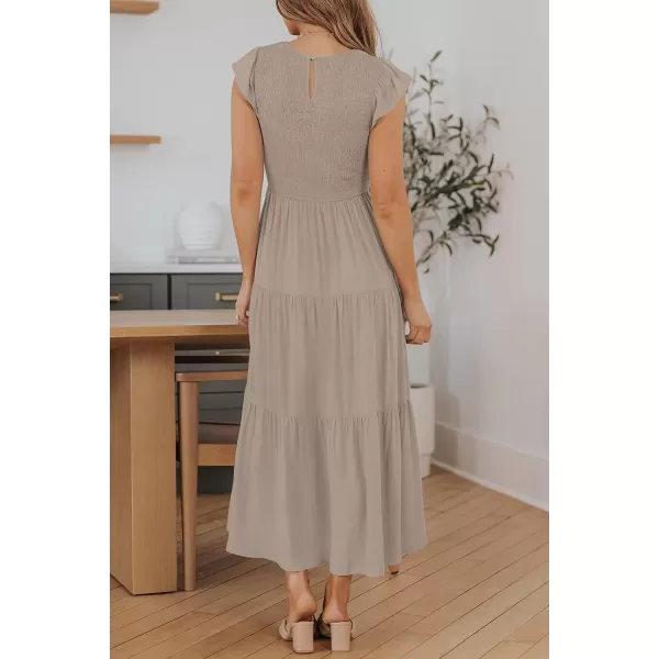 ZESICA Womens 2024 Summer Casual Flutter Short Sleeve Crew Neck Smocked Elastic Waist Tiered Midi DressLight Khaki