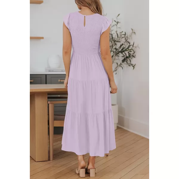 ZESICA Womens 2024 Summer Casual Flutter Short Sleeve Crew Neck Smocked Elastic Waist Tiered Midi DressLight Purple