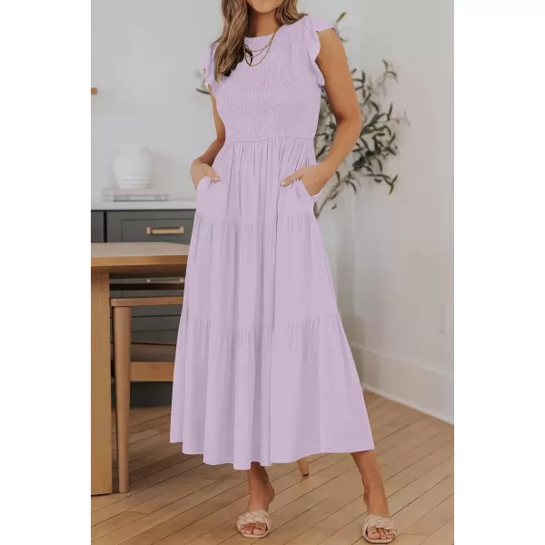 ZESICA Womens 2024 Summer Casual Flutter Short Sleeve Crew Neck Smocked Elastic Waist Tiered Midi DressLight Purple