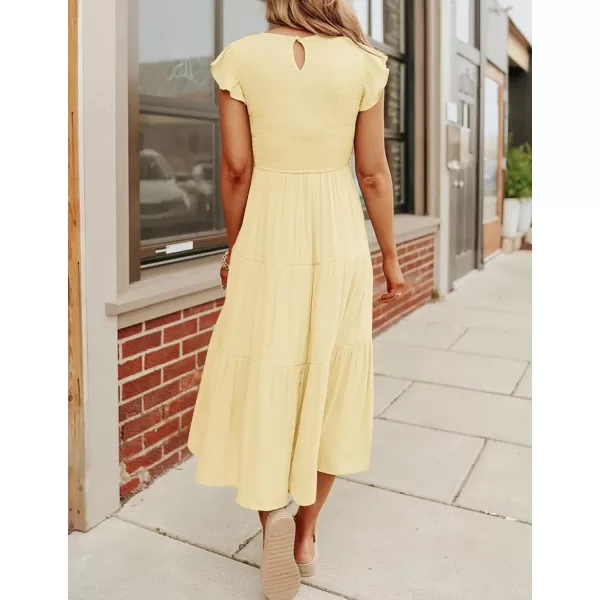 ZESICA Womens 2024 Summer Casual Flutter Short Sleeve Crew Neck Smocked Elastic Waist Tiered Midi DressLight Yellow