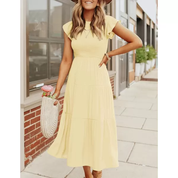 ZESICA Womens 2024 Summer Casual Flutter Short Sleeve Crew Neck Smocked Elastic Waist Tiered Midi DressLight Yellow