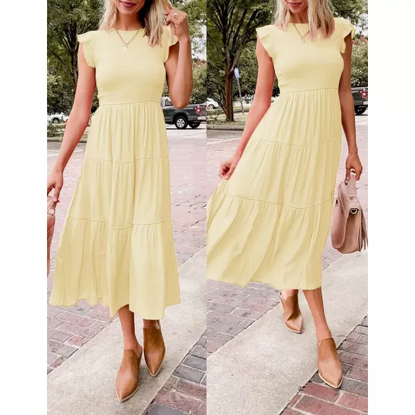 ZESICA Womens 2024 Summer Casual Flutter Short Sleeve Crew Neck Smocked Elastic Waist Tiered Midi DressLight Yellow